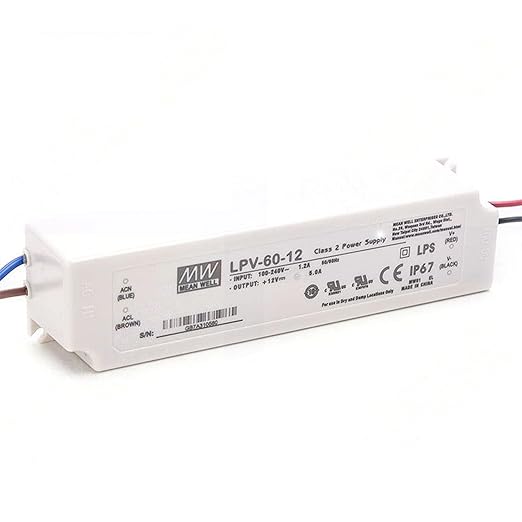 12V 60W Waterproof LED Driver & LPV-60-12 Power Adapter | IP67 Fanless Converter for LED Strips, CCTV, IoT Devices | 90-264VAC Input