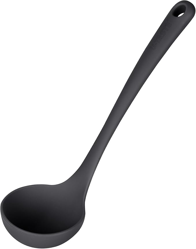 2.6oz Small Silicone Soup Ladle: U-Taste 600oF Heat Resistant Non-Stick Kitchen Deep Serving Spoon, Soft Cooking Utensil with Non-Slip Solid Handle for Mixing Sauce Stew Gravy (11in, Black)