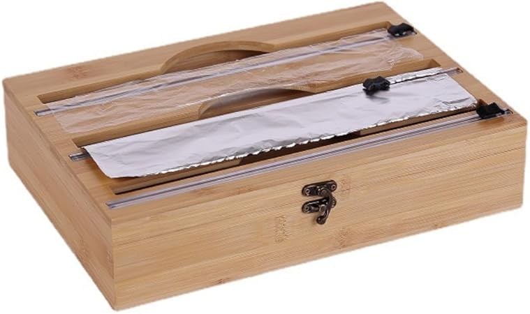 Bamboo Food Wrap Dispenser Storage Dispenser For Aluminum Foil Dispenser Fresh-keeping Film With Cutter Cling Film Holder Kitchen Accessories (2-layers)