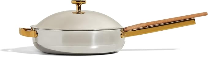 Our Place Titanium Always Pan Pro - 10.6 (2.8 Qt) No-Coating Nonstick Technology Tri-Ply Titanium Stainless Steel Safe for Oven, Induction Cooktops up to 750F Beechwood Spatula Gold