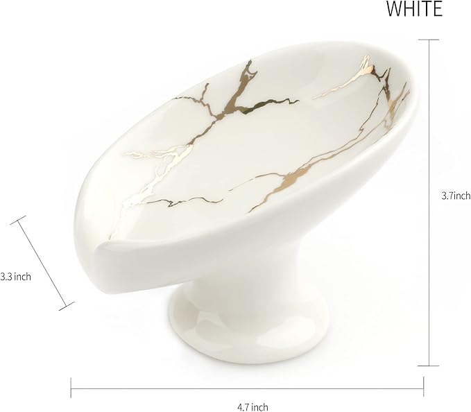 Self-Draining Soap Dish White Ceramic with Marble Brush Gold Soap Holder Waterfall Soap Dish Soap Savers for Bar Soap, for Bathroom, for Shower, for Bar Counter.