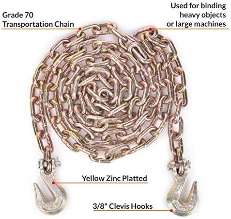 Aain 2 Pack Transport Chain with 3/8" Clevis Hooks NACM Standard Grade 70,3/8"x10', Heavy Duty Binding Chain.