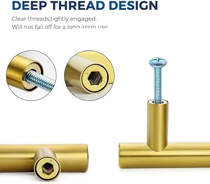 JOY DECOR 3 Pack Cabinet Handles, Gold Cabinet Pulls, 3 in Hole Center Kitchen Cabinet Handles, Stainless Steel T Bar Handles for Dresser Drawers