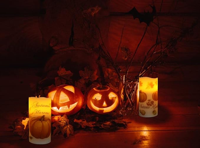 Lordearon Fall Pumpkin Flameless Candles Real Wax LED Battery Operated Pillar Candles with Timer, Thanksgiving Decor Set of 3,Warm Light