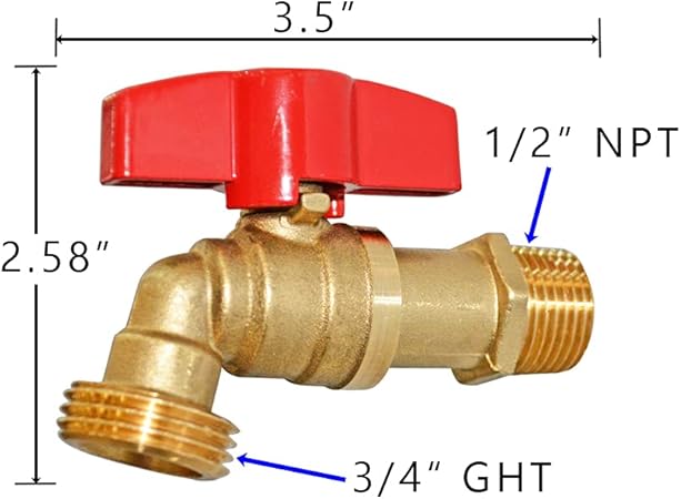 HQMPC Outdoor Spigot Hose Ball Valve Hose Bibb Garden Hose Connect Bibb Shut Off Valve No Lead Brass Stop Valve 12" MNPT Connect 34" GHT Outlet 1 Pcs
