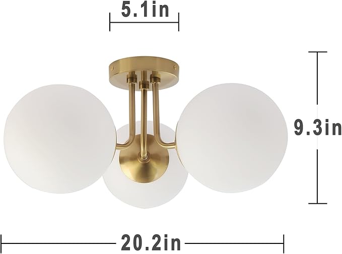 Brass 3 Lights Semi Flush Mount Ceiling Light Fixture, Frosted Glass Shade Vintage Close to Ceiling Light Fixture, Modern Indoor Flush Mount Light for Bedroom, Sputnik Ceiling Lights Fixture