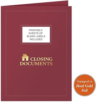 50 Count, Burgundy, Closing Documents Pocket Folders, Gold Foil with Customizable Labels, for Legal Professionals (9 x 12)