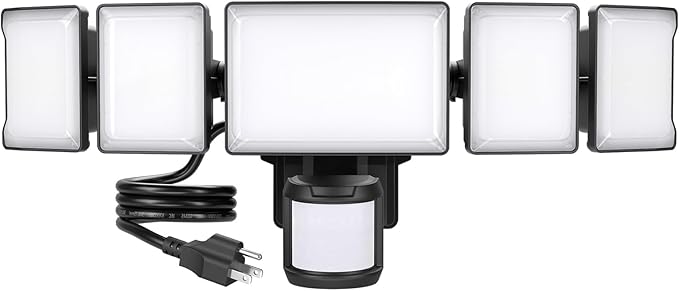 Olafus 130W Motion Sensor Outdoor Light Plug in, Motion Flood Light Dusk to Dawn, 13000LM IP65 Waterproof Exterior LED Security Lights, 5 Heads Motion Detector Floodlights for Garage Yard, Black