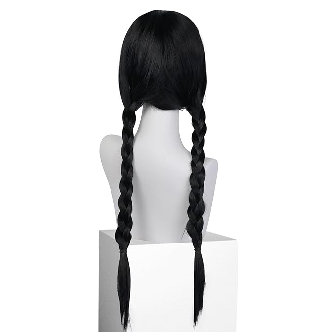 Wednesday Wig Black Cosplay Wig for Women Black Two Braids Wig for Halloween Costume Black Wig with Bangs Long Black Costume Wig for Party