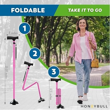 HONEYBULL Walking Cane for Men Women - Foldable, Adjustable, Collapsible, Free Standing Cane, Pivot Tip, Heavy Duty Walking Sticks, Folding Canes for Seniors Adults Pink