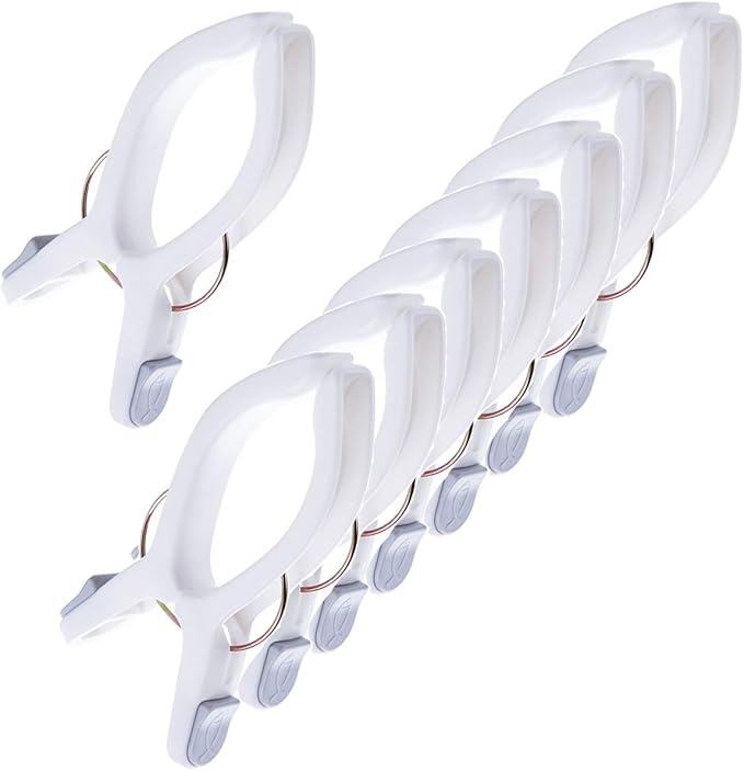 Pack of 8 beach towel clips for beach chairs, white jumbo size towel clips, pool chairs, plastic clothes hanging clips, clip clamps for