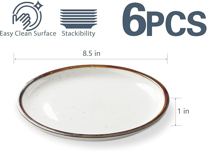 ONEMORE Ceramic Plates Set of 6, 8.5 inch Small Dinner Plates for Appetizer, Salad and Dessert. Oven, Microwave and Dishwasher Safe Plate. Rustic Kitchen Porcelain Dish - Cream White