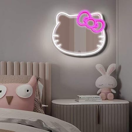 Home Decor Mirrorcat face Shape Mirror,Anime Neon Sign for Dresser, Locker Room,Living Room, Neon Light up Acrylic Mirror with Dimmable