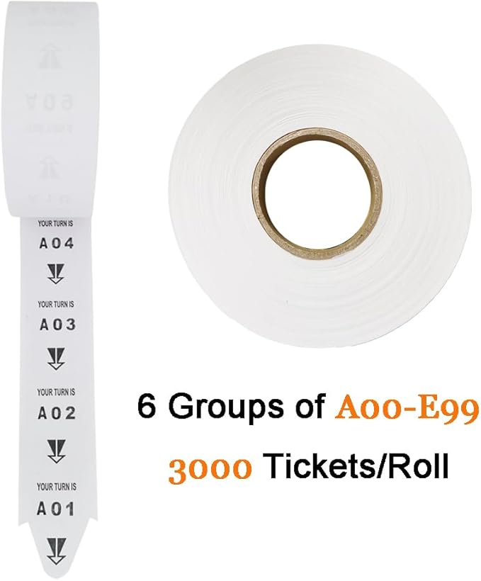 5 Rolls of 2-Digit Take-A-Number Tickets Turn O Matic Tickets Letter 3000 TicketsRoll for D80 Ticket Dispenser 6 Groups Queue Number from A01-E99 White (White-5 Roll)