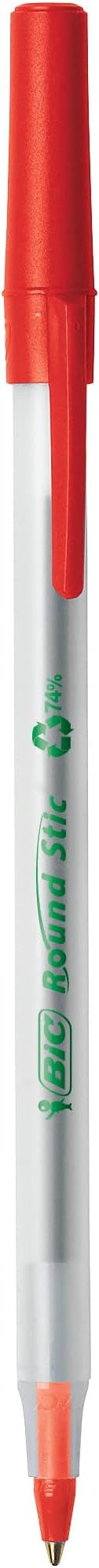 BIC Ecolutions Round Stic Ballpoint Pens, Medium Point (1.0mm), 50-Count Pack, Red Ink Pens Made from 97 Recycled Plastic