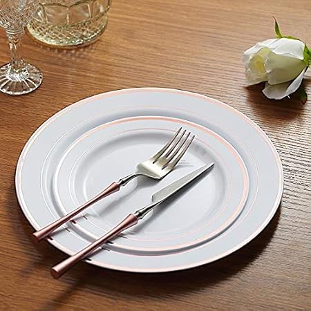 20 pcs 10-Inch White with Rose Gold Trim Plastic Round Plates - Disposable Wedding Party Reception Catering Tableware