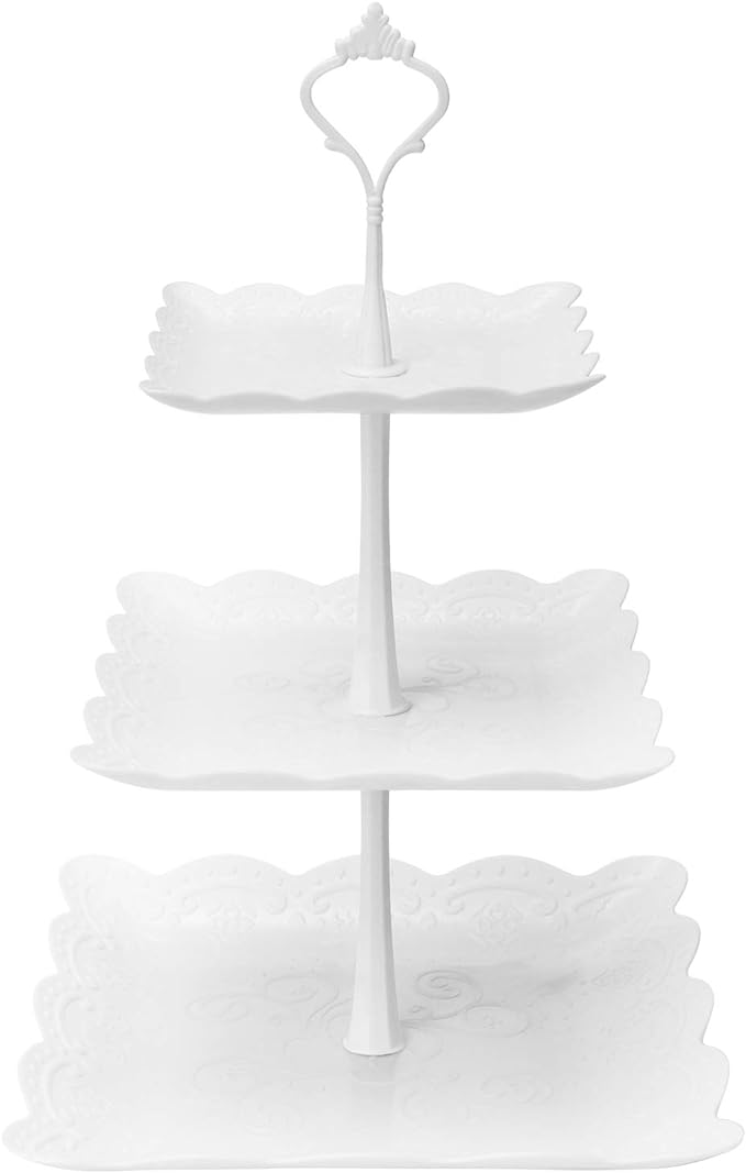 Coitak 3 Tier Cupcake Stand, Plastic Tiered Serving Stand, Square Dessert Tray for Tea Party, Baby Shower and Wedding (Pure White)