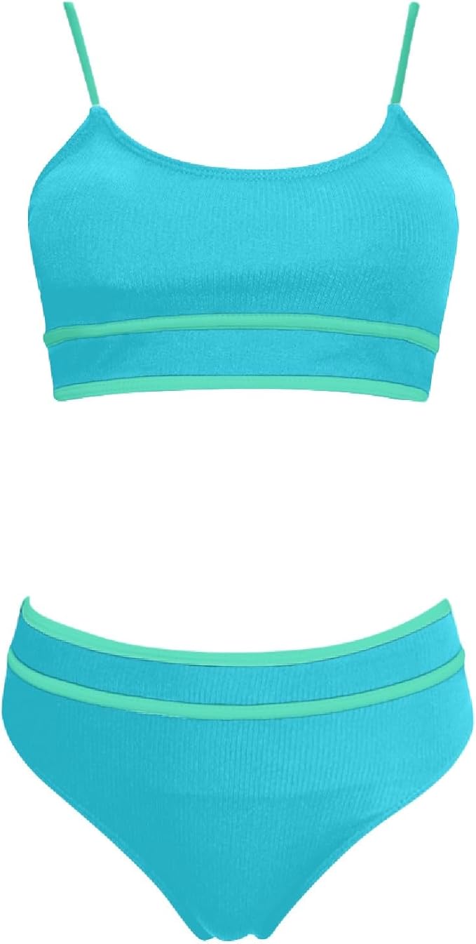 Bikini Sets for Women Two Piece High Waisted Ribbed Swimsuits High Cut Color Block Adjustable Straps Bathing Suits