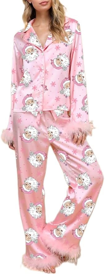Women's Satin Silk Pajamas Sexy Feather Trim Long Sleeve Button Up Pjs Shirt Sleep Pajama Pants 2 Piece Lounge Sets