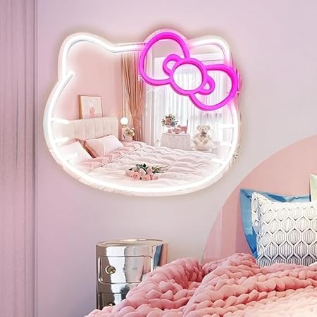 Home Decor Mirrorcat face Shape Mirror,Anime Neon Sign for Dresser, Locker Room,Living Room, Neon Light up Acrylic Mirror with Dimmable