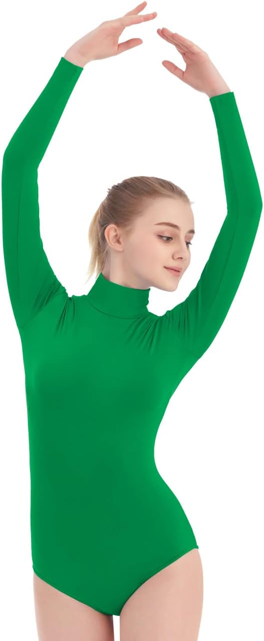 Turtleneck Leotard Long Sleeves Spandex Dance Workout Fitness Bodysuit for Women