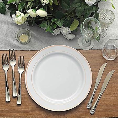 20 pcs 10-Inch White with Rose Gold Trim Plastic Round Plates - Disposable Wedding Party Reception Catering Tableware