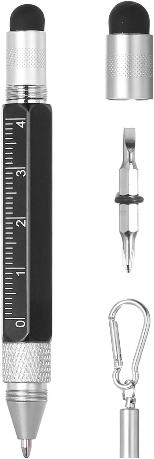 MECCANIXITY 6 in 1 Metallic Stylus Pen Aluminum Alloy Mini Capacitive Pens with Ballpoint Pen, Ruler, Screwdriver, Stylus, Keychain for Men and Women,Black