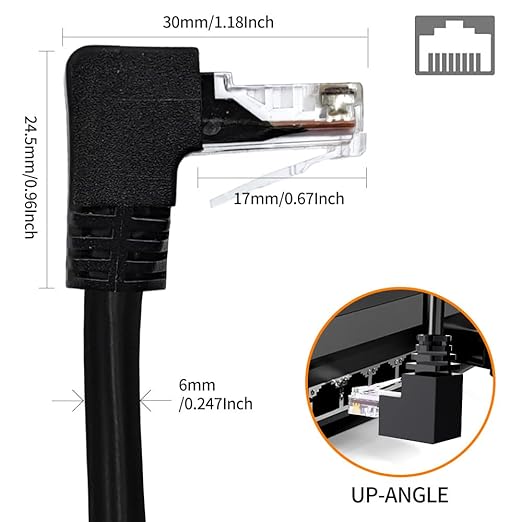 90 Degree Cat 6 Ethernet Cable Upward Angle 3.3FT RJ45 Network Patch Cord DownUpRightLeft Angle LAN Connection Cable for Router, Modem, PC, Computer, Laptop, and Smart TV, Black