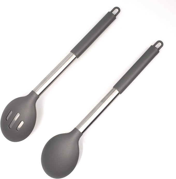 2 Pack Silicone Cooking Spoons, Nonstick Slotted Spoon Solid Serving Spoon, Heat Resistant Mixing Spoon for Nonstick CookwareKitchen Enthusiasts