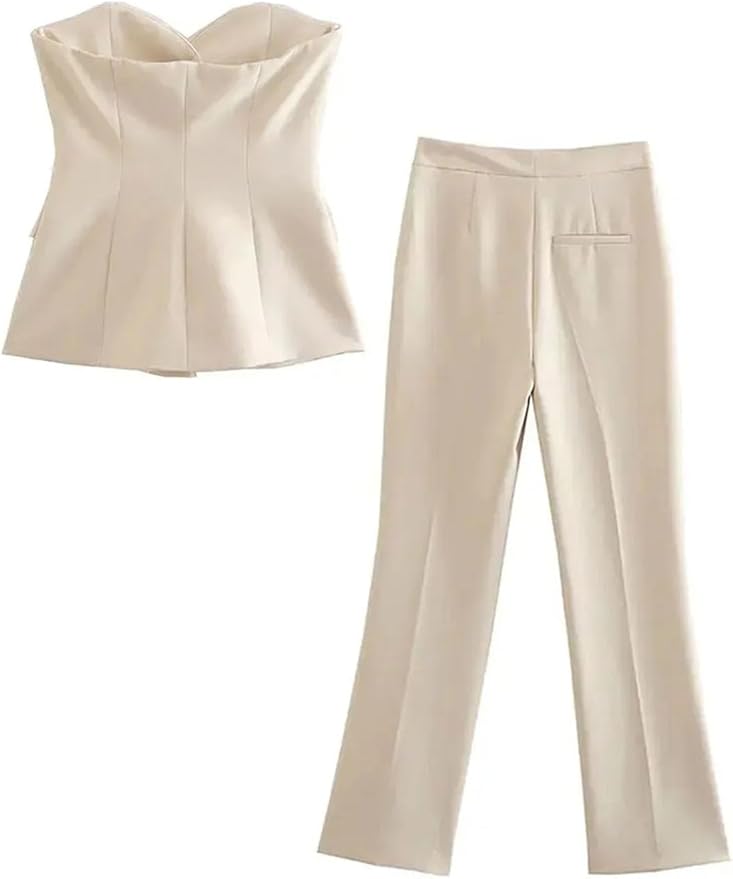 Women Single Breasted Strapless Slim Tank Top High Waist Straight Pants Office Suit