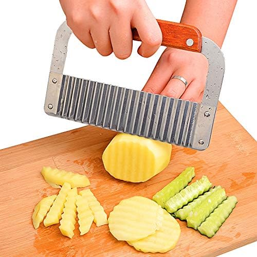 Crinkle Cutter Stainless Steel Potato Slicer Heavy Duty Wavy Crinkle Cutting Chopping Tools with Wooden Handle for Carrot Veggies