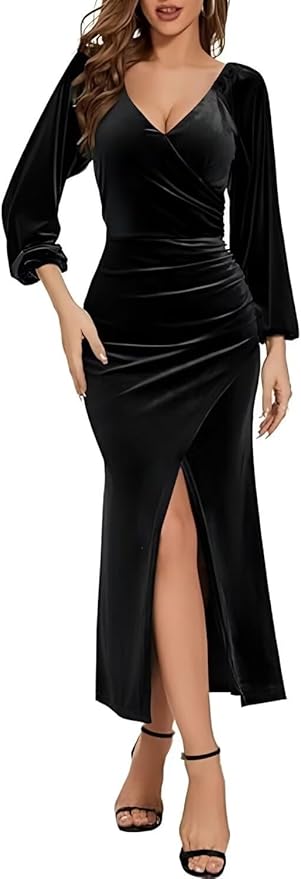 Womens Wrap Neck Velvet Dresses Long Sleeves Mermaid Prom Party Gowns Zipper Split Formal Work Dresses