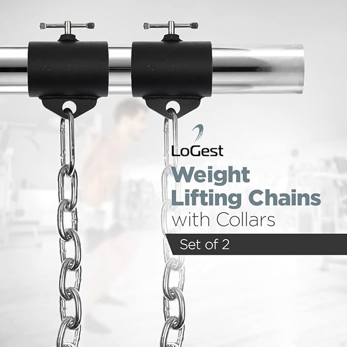 Logest Weight Lifting Chains with Collars - 1 Pair Available in 45LBS Steel Workout Chains - Fitness Equipment for Deadlifts Bench Presses and More Targets Back Legs Core Weight Chains
