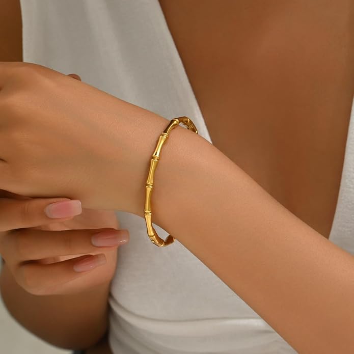 Gold bracelet for Women 18K Gold Plated Bamboo Watch Band Star Labyrinth Bangle Bracelets Dainty Stainless Steel Jewelry Gifts
