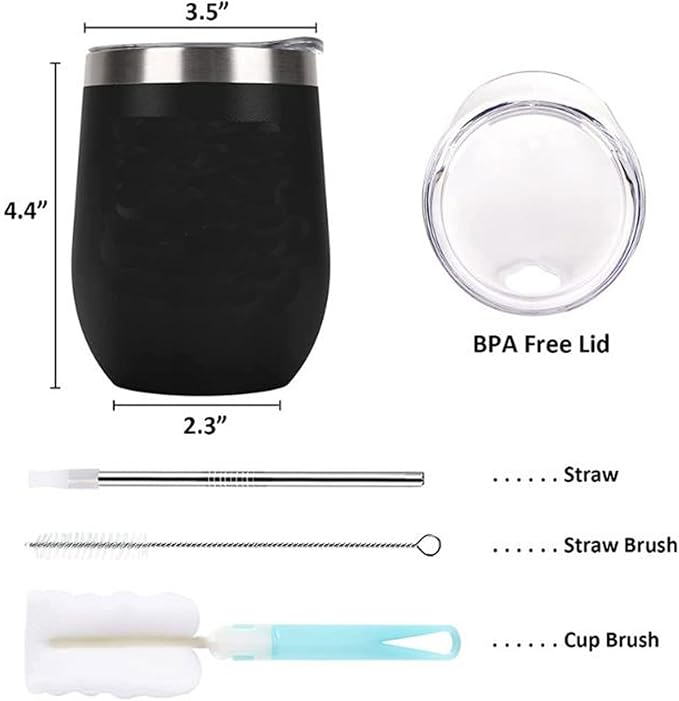 Leak-Proof Insulated Coffee mug 12oz Wine Tumblers , Stainless Steel Stemless Wine Glass with Lids and Straws, Double Wall Vacuum Insulated Tumbler Cup, Coffee Mug for Cold Hot Drinks Iced Tea Coffee
