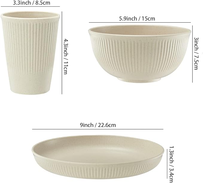 12pcs Wheat Straw Dinnerware Sets HXYPN Unbreakable Reusable Dinnerware Set Kitchen Cups Plates and Bowls Sets Dishwasher Microwave Safe Plates