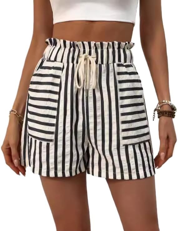 heyheyshine Striped Shorts for Women Elastic High Waisted Wide Leg Womens Shorts Dressy Casual Striped Shorts with Pockets