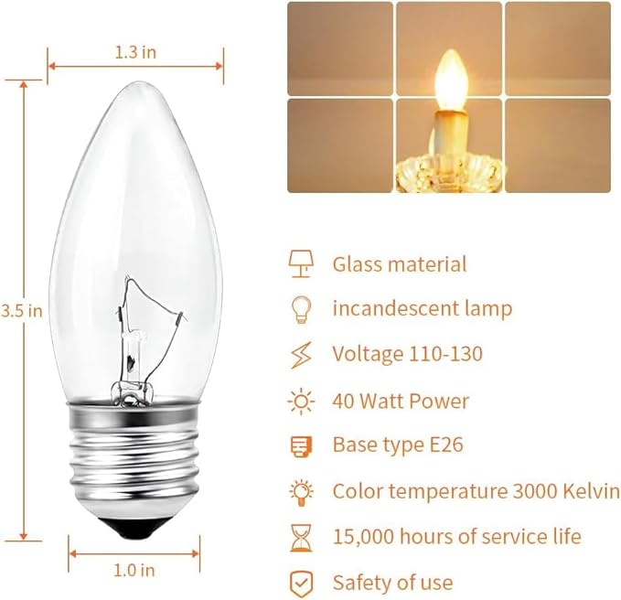 40W Incandescent Equivalent Energy Torpedo Tip Chandelier with Crystal Clear Incandescent Light Bulbs Tip Light Bulb and Medium E26 Candelabra Base (6)