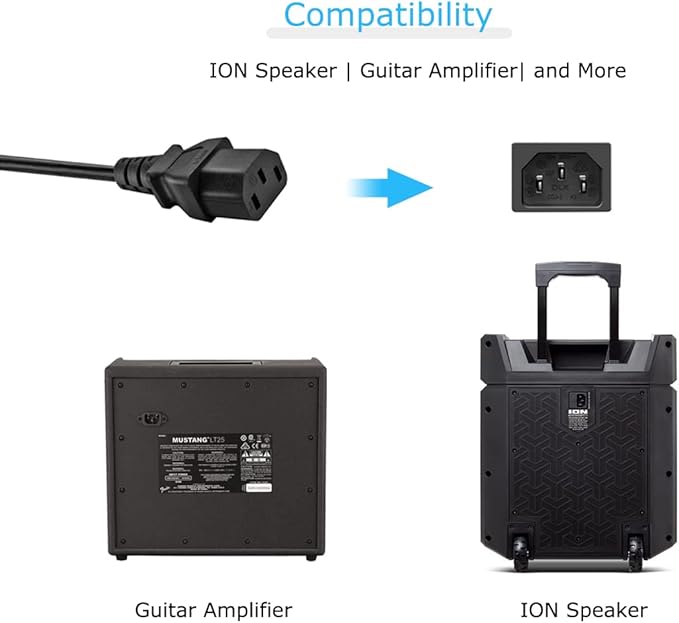 AC Power Cord for ION Block Rocker, Job Rocker, Explorer Portable Speaker System, ION iPA76C iPA76A iPA76S IPA23 Block Party Live, Guitar Amp Power Cable