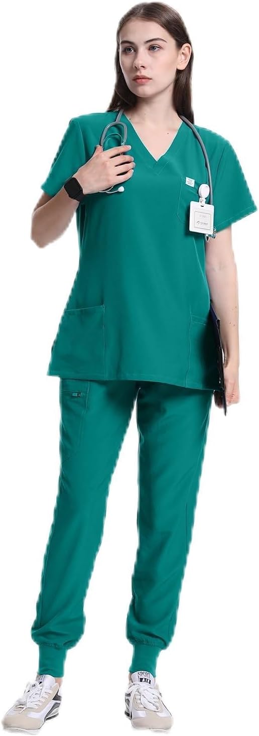 Uniforms World Scrubs for Women Set - Stretch Scrub Top Pants with 8 Pockets, Yoga Waistband, Anti Wrinkle, Slim Fit