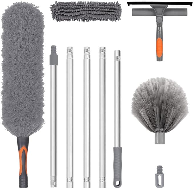 Professional Duster Kit with Assembled Extension Pole, Cobweb Duster, Window Scrubbing Squeegee, Cobweb Duster, IndoorOutdoor Stretchable Bendable Duster Cleaning Kit