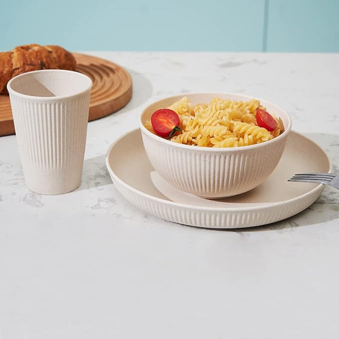 12pcs Wheat Straw Dinnerware Sets HXYPN Unbreakable Reusable Dinnerware Set Kitchen Cups Plates and Bowls Sets Dishwasher Microwave Safe Plates
