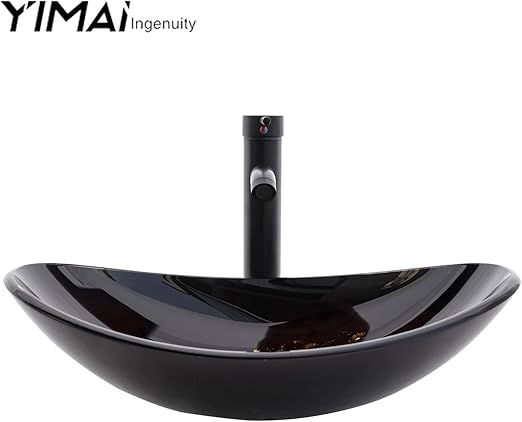 Vessel Sink Bathroom Sinks Tempered Glass Art Basin 20.8"x13.7" Oval Bowl Above Counter with Faucet and Pop-Up Drain Combo, Oval Brown(20202C)