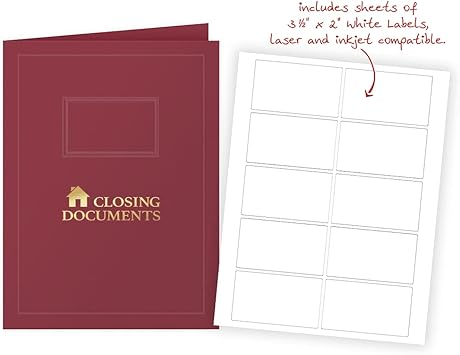 50 Count, Burgundy, Closing Documents Pocket Folders, Gold Foil with Customizable Labels, for Legal Professionals (9 x 12)
