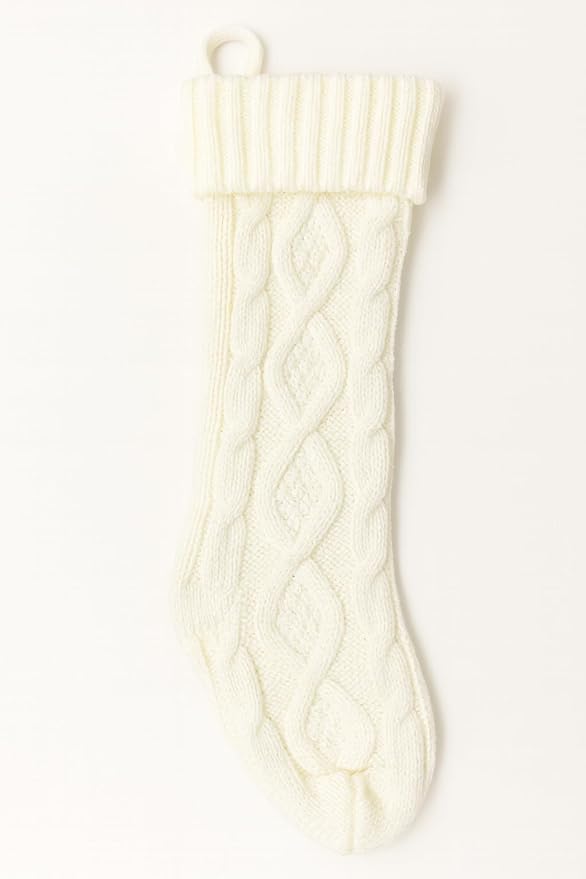 Cozy Holiday Cable Knit Stocking, White Chunky Knit, 12 x 4 Inches, Foldable Cuff Design, Traditional Winter Holiday Mantel Decor Valentines Day Christmas