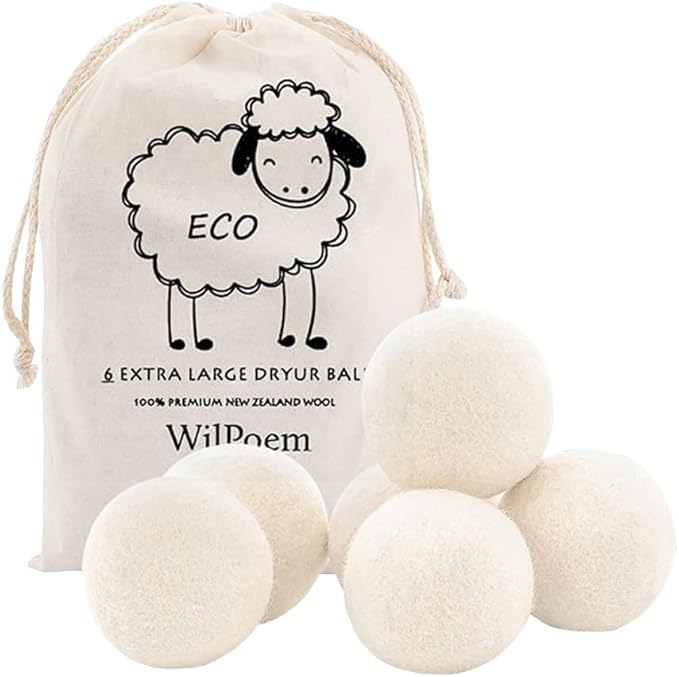 100% Wool Dryer Balls - Natural Fabric Softener, Reusable, Reduces Drying Time, Chemical-Free, Eco-Friendly, Perfect for Baby Clothes, Set of 6 XL Balls