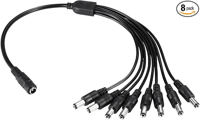 Xwell DC Power Splitter Cable 1 Female to 8 Male Wire Y Adppter 5.1mm X 2.1mm for CCTV Security Cameras and LED Strip Lights