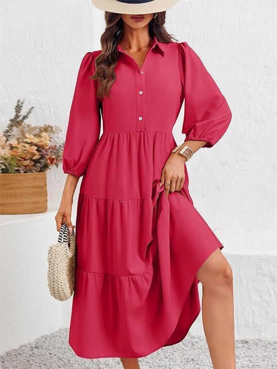 Wenrine Womens Casual 34 Sleeve Shirt Dress Button Down V Neck Tiered Collared Flowy Maxi Dress