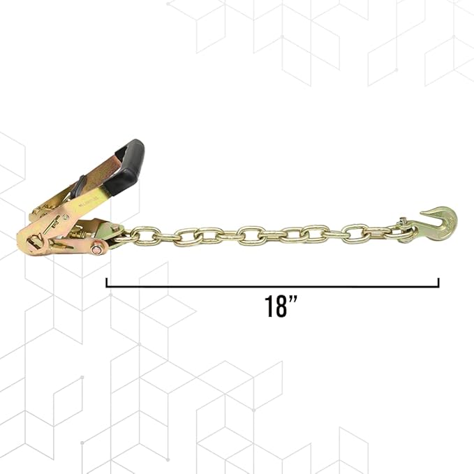 2" Ratchet Buckle with 516 G70 Forged Hook Chain Extension 1.5 feet 2Pack - Double Locking Ratchet, Breaking Strength 10,000lbs Towing Tie Down