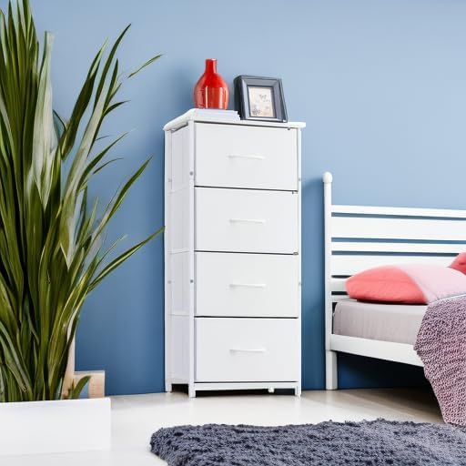 Somdot Tall Dresser for Bedroom with 4 Drawers, Storage Organizer Chest of Drawers with Removable Fabric Bins for Living Room Closet Bedside Nursery Laundry Entryway Hallway, White Leather